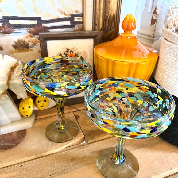 Vintage Hand Blown Confetti Margarita Glasses Set of 2 Hand Crafted 12oz - Picture 2 of 7